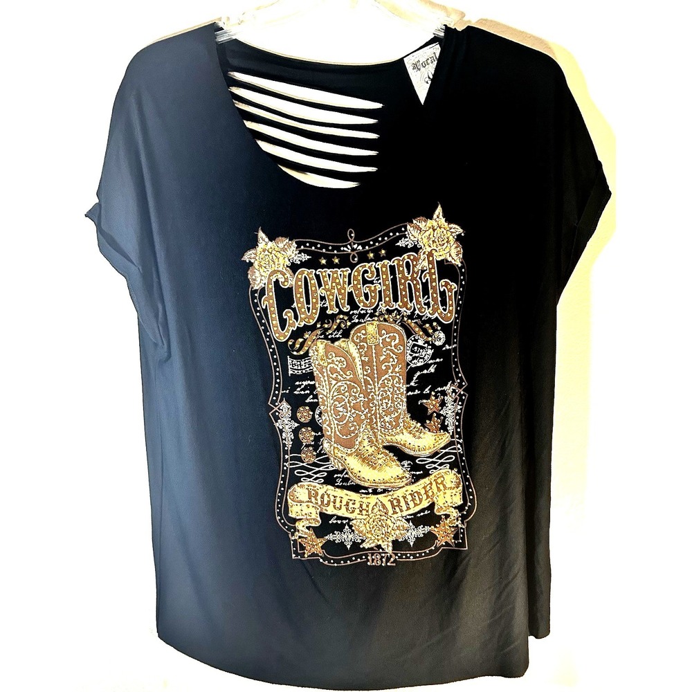 Vocal Apparel Black Rhinestone Cowgirl Rough Rider Laser Cut Slashed Tunic Shirt